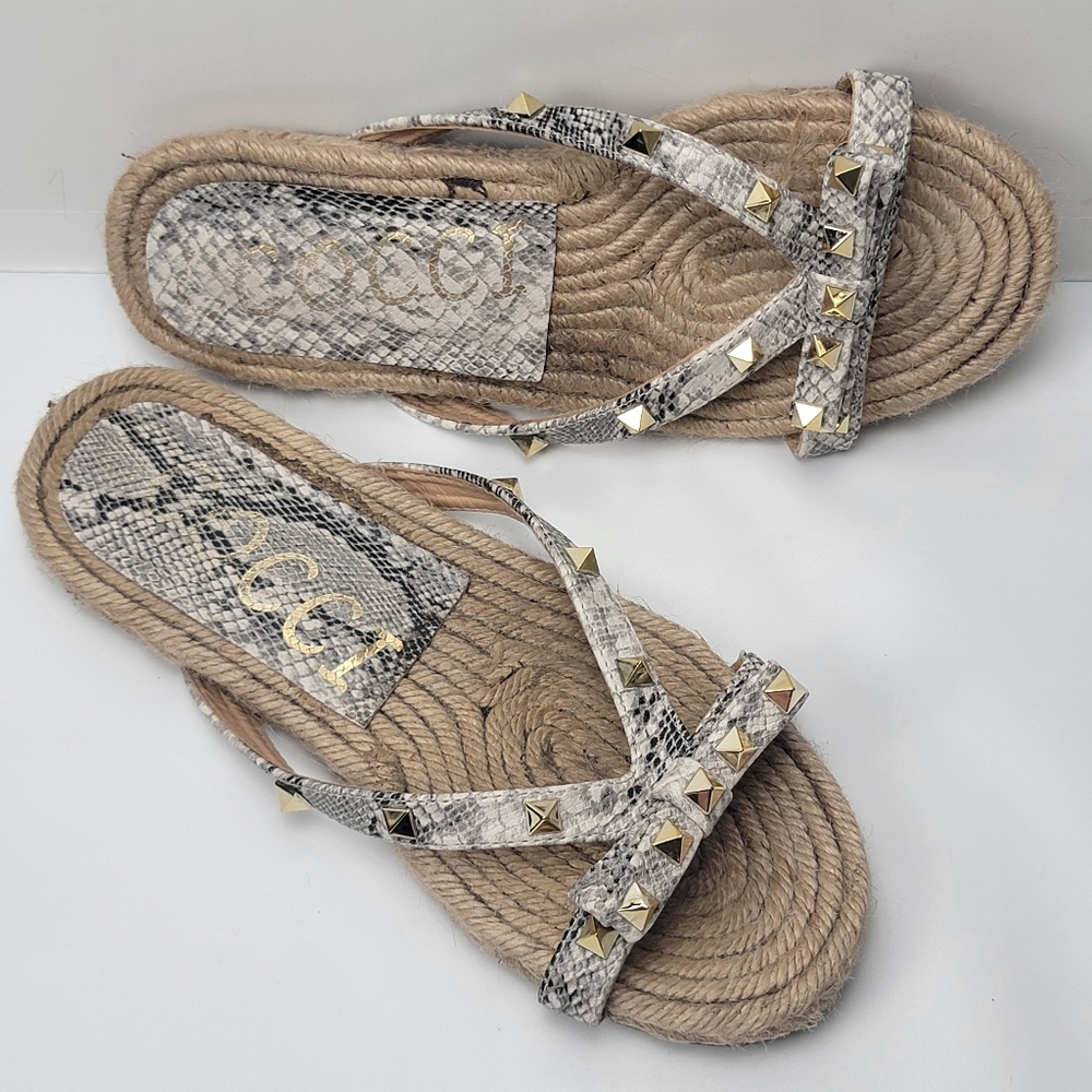 Ccocci Delight ESPADRILLE Rockstud Bow Sandals, Snakeskin Print, EUC, size 7